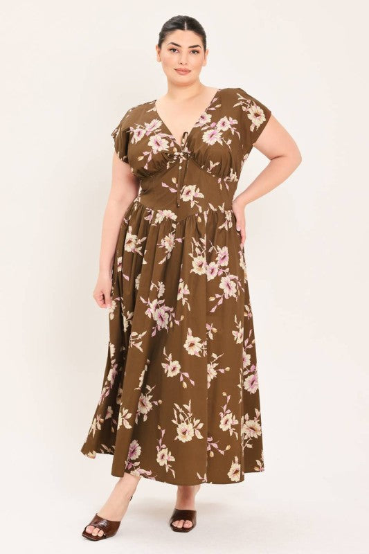 Plus Size Floral Brown Midi Dress