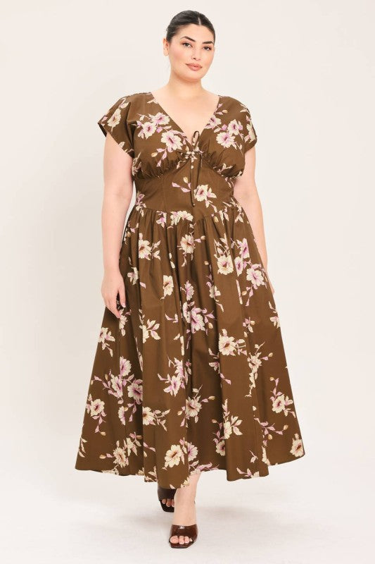 Plus Size Floral Brown Midi Dress