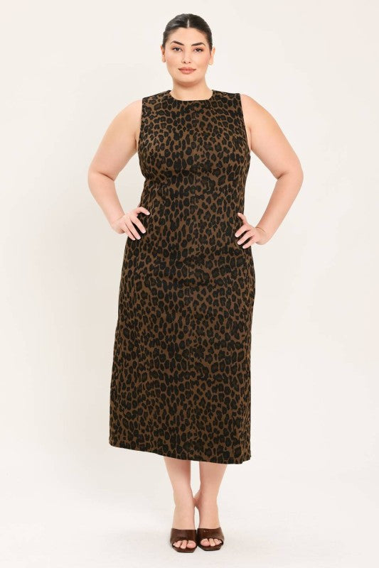 Plus Size Animal Print Twill Midi Dress