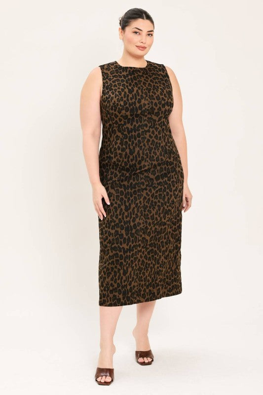 Plus Size Animal Print Twill Midi Dress