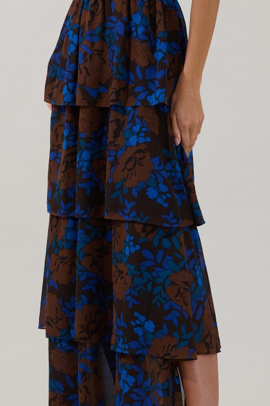 Womens Tiered Brown and Cobalt Floral Maxi Dress