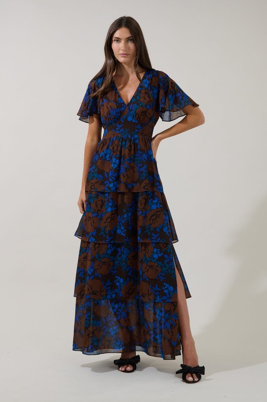 Womens Tiered Brown and Cobalt Floral Maxi Dress