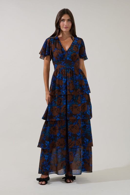 Womens Tiered Brown and Cobalt Floral Maxi Dress