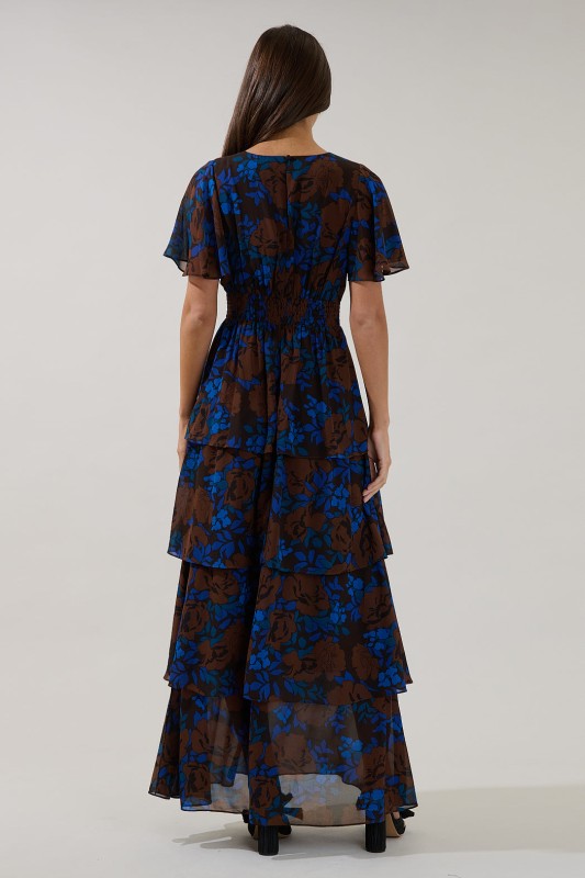 Womens Tiered Floral Maxi Cobalt and Brown