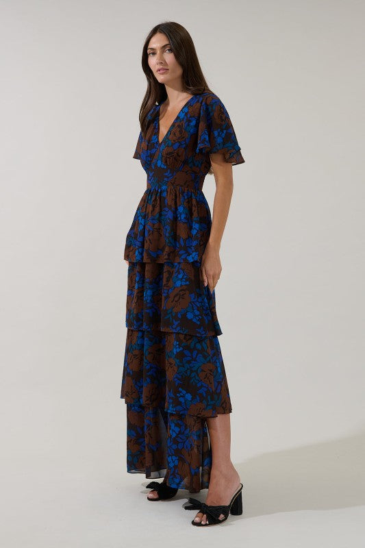 Womens Tiered Brown and Cobalt Floral Maxi Dress