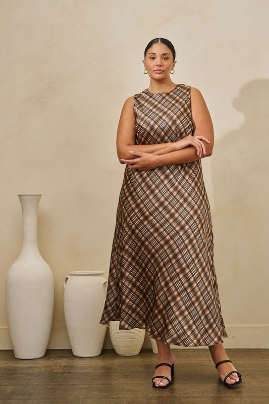 Plus Size Plaid Dress Satin Brown Midi