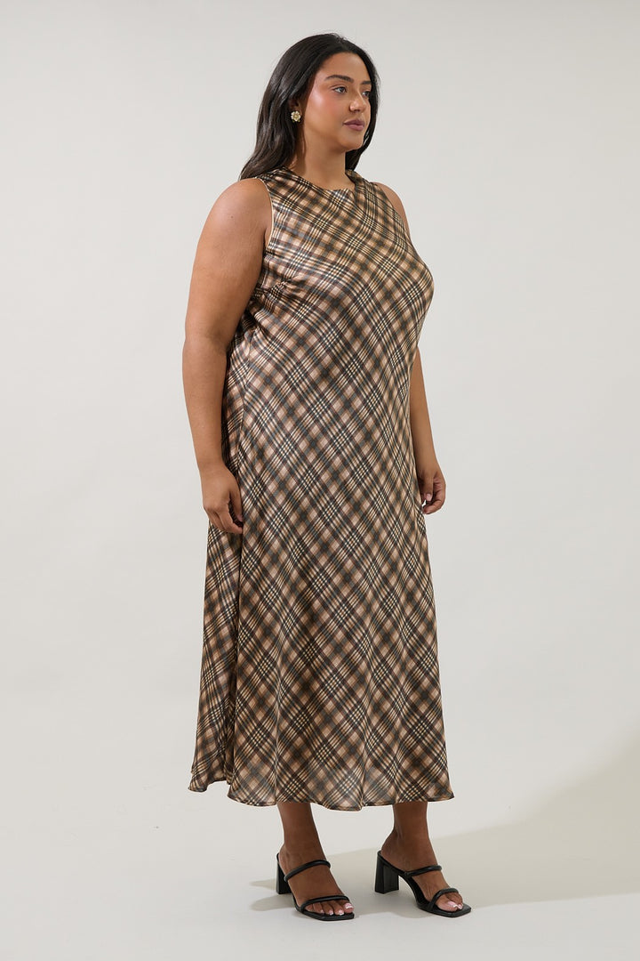 Plus Size Plaid Dress Satin Brown Midi