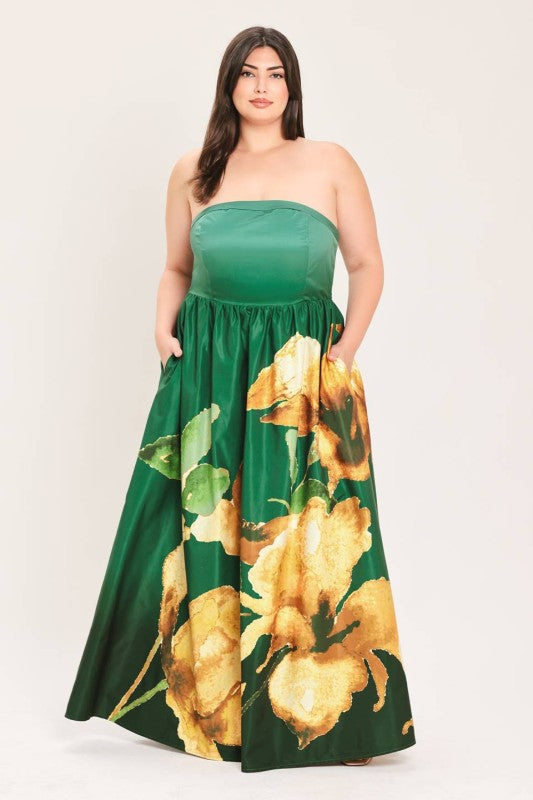 Plus Size Strapless Printed Floral Maxi Gown