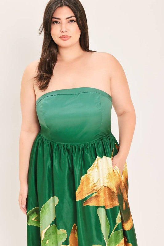 Plus Size Strapless Printed Floral Maxi Gown