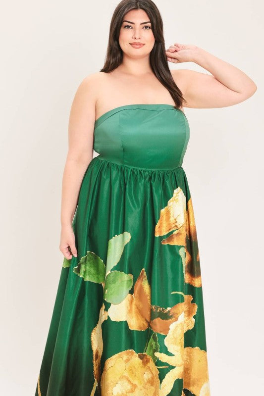 Plus Size Strapless Printed Floral Maxi Gown