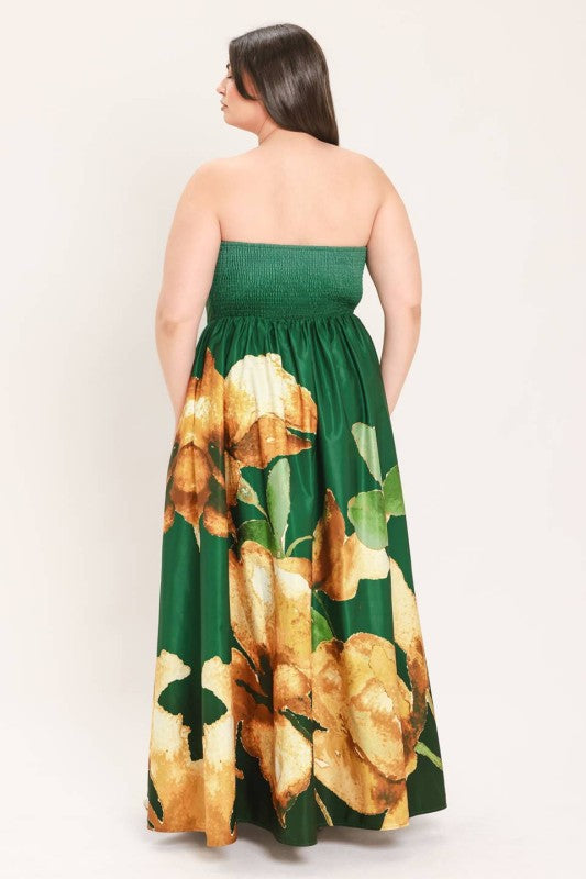 Plus Size Strapless Printed Floral Maxi Gown