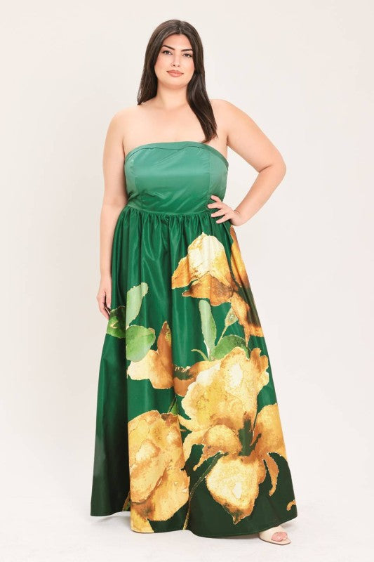 Plus Size Strapless Printed Floral Maxi Gown