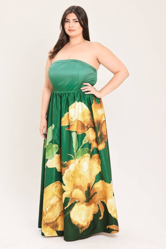 Plus Size Strapless Printed Floral Maxi Gown