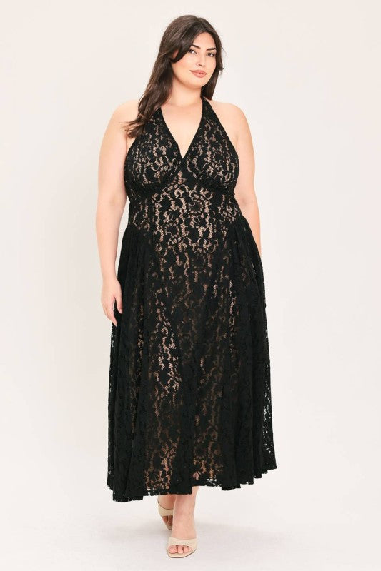 Plus Size Halter Lace Midi Dress