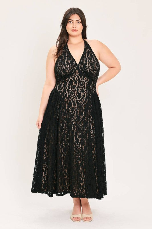 Plus Size Halter Lace Midi Dress