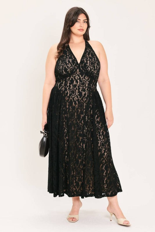 Plus Size Halter Lace Midi Dress