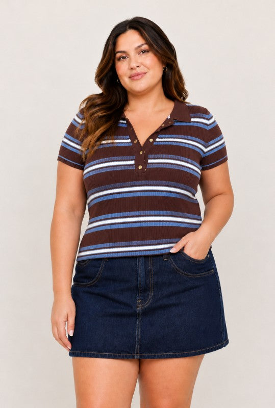 Plus Size Collared Striped Knit Polo Top