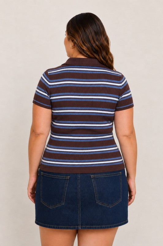 Plus Size Collared Striped Knit Polo Top