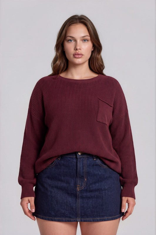 Plus Size Raw Edge Cropped Long Sleeve Knit Sweater