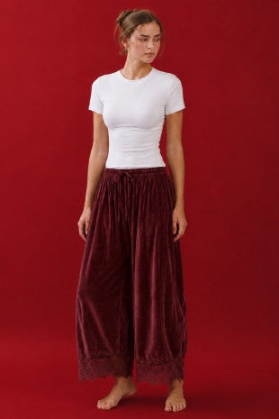Plus Size Velvet Lace Trimmed Pant- Multiple Colors- Thyme, Mocha, Black