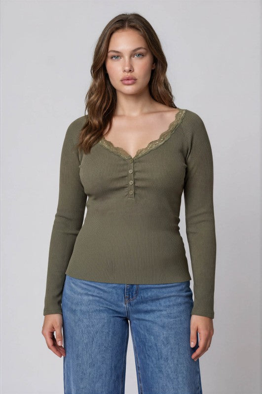 Plus Size Lace Trim Henley Sweater