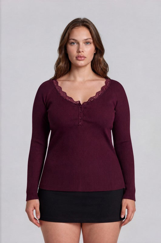 Plus Size Lace Trim Henley Sweater
