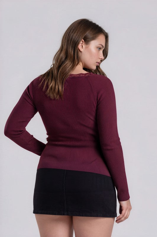 Plus Size Lace Trim Henley Sweater