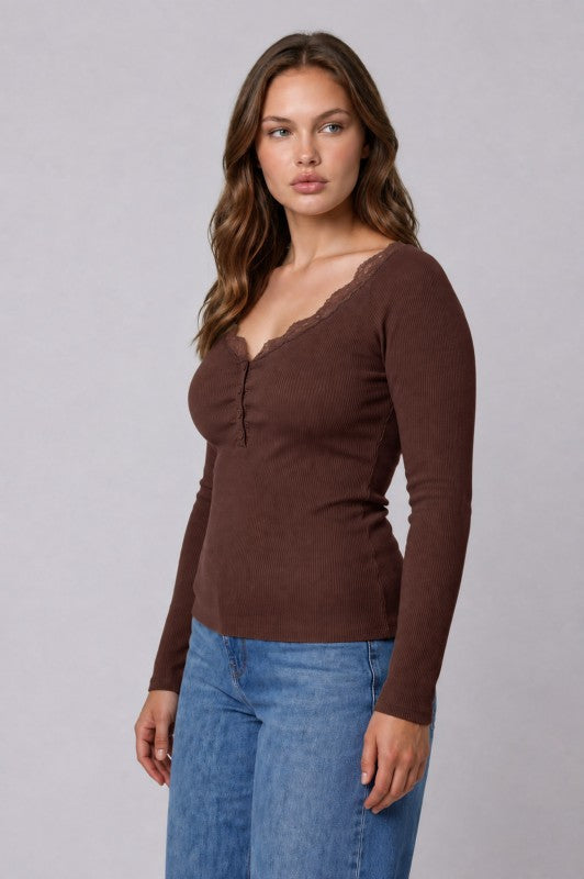 Plus Size Lace Trim Henley Sweater