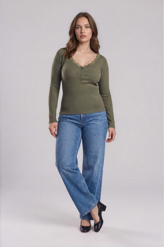 Plus Size Lace Trim Henley Sweater