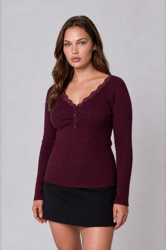 Plus Size Lace Trim Henley Sweater