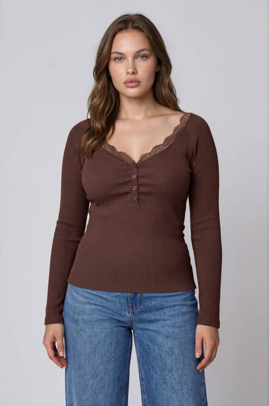 Plus Size Lace Trim Henley Sweater