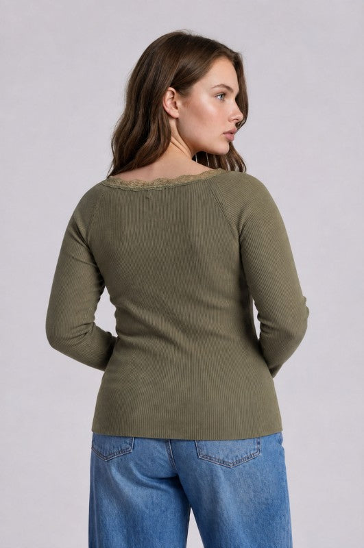 Plus Size Lace Trim Henley Sweater