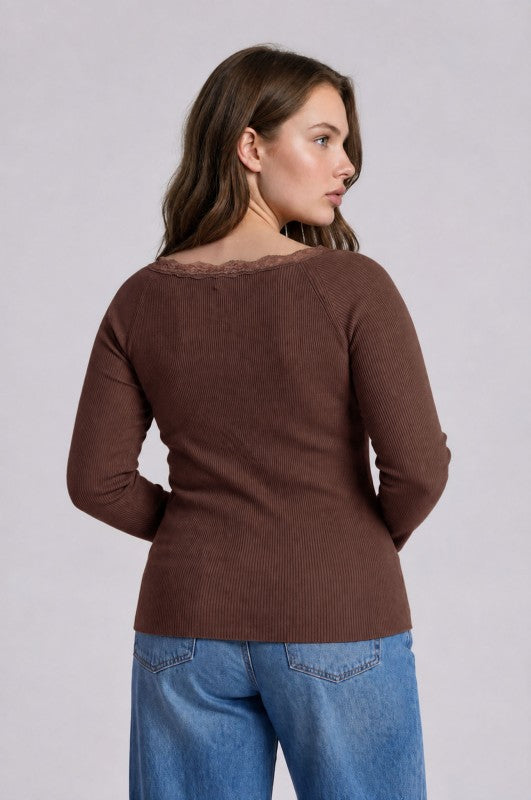 Plus Size Lace Trim Henley Sweater