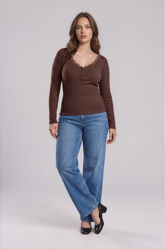 Plus Size Lace Trim Henley Sweater