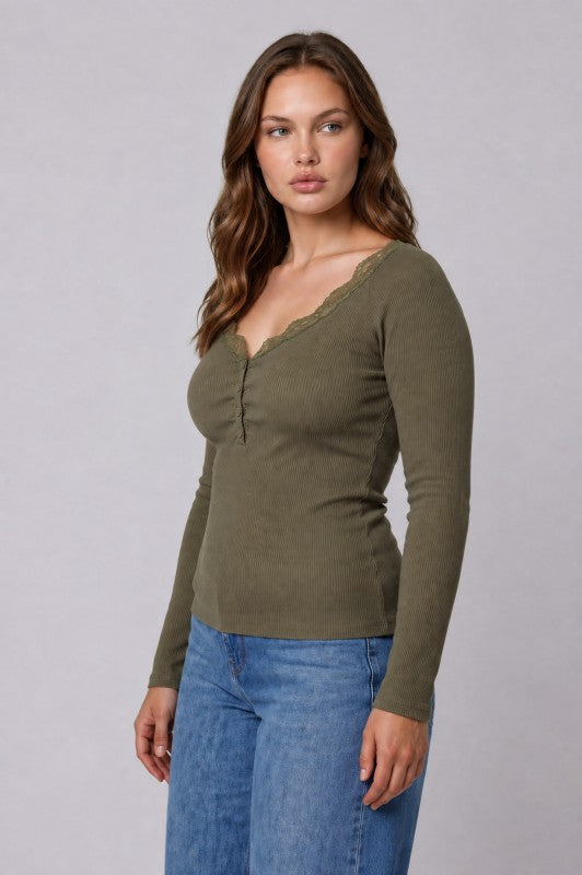 Plus Size Lace Trim Henley Sweater