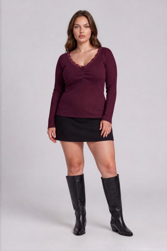 Plus Size Lace Trim Henley Sweater