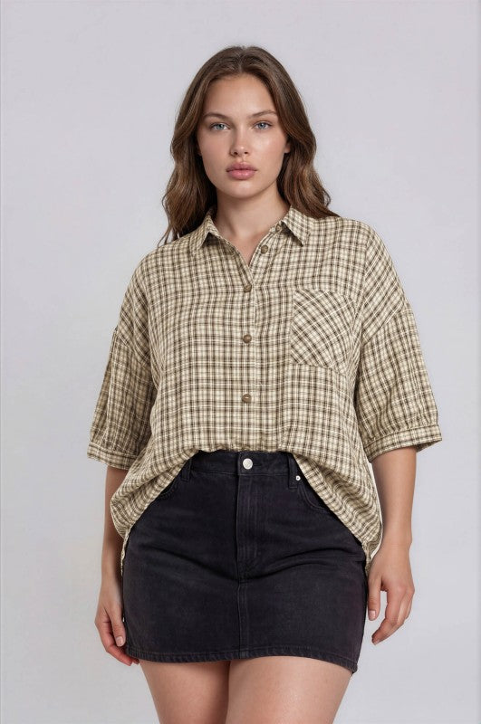 Plus Size Half Sleeve Plaid Button Down