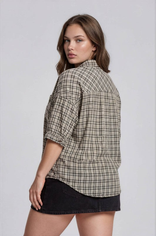 Plus Size Half Sleeve Plaid Button Down