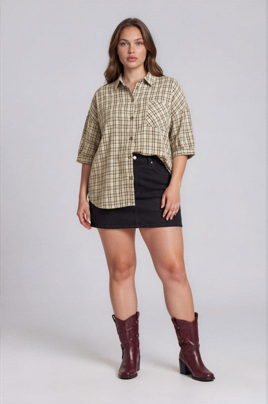 Plus Size Half Sleeve Plaid Button Down