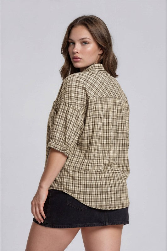 Plus Size Half Sleeve Plaid Button Down