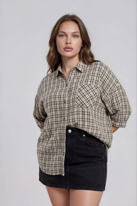 Plus Size Half Sleeve Plaid Button Down
