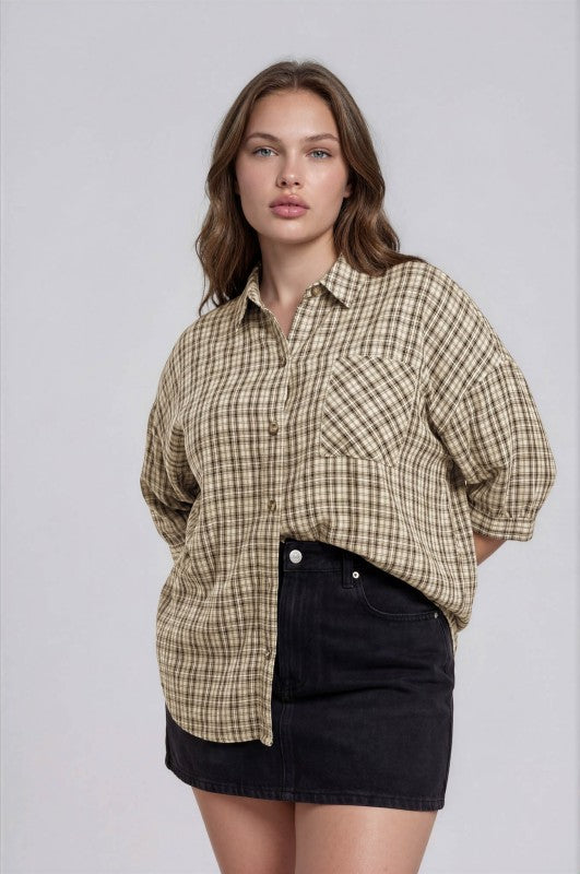 Plus Size Half Sleeve Plaid Button Down