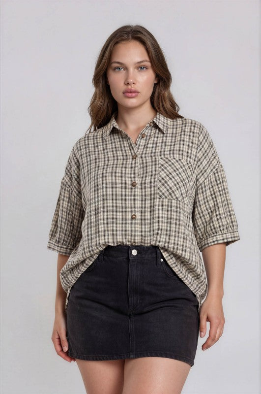 Plus Size Half Sleeve Plaid Button Down