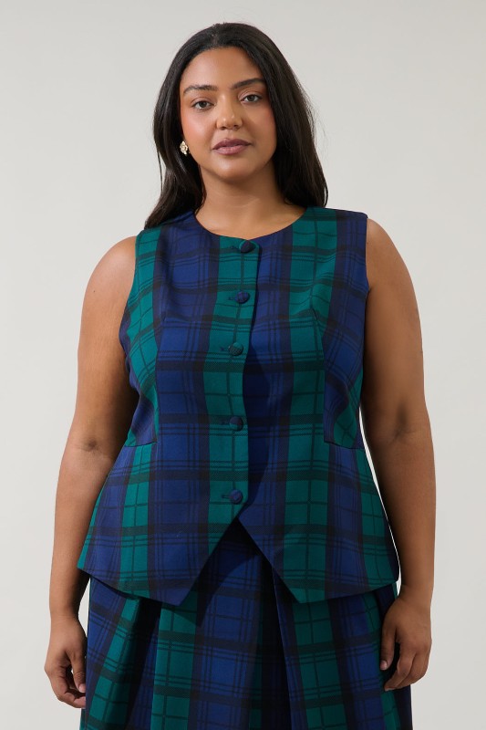 Plus Size Plaid Button front vest