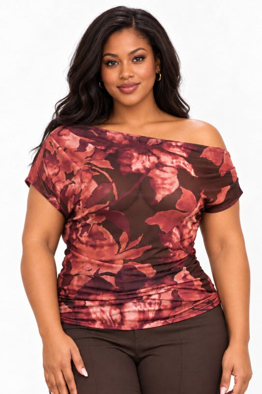 Plus Size Lightweight Mesh Off Shoulder Floral Top