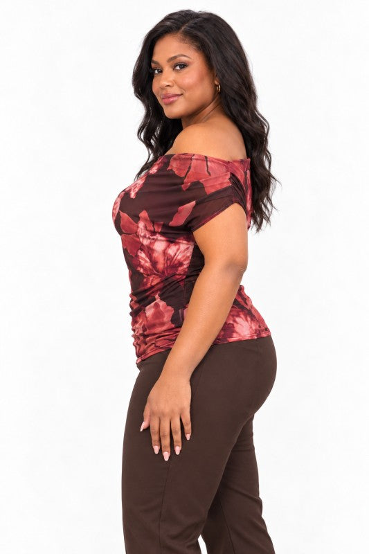 Plus Size Lightweight Mesh Off Shoulder Floral Top