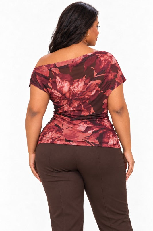 Plus Size Lightweight Mesh Off Shoulder Floral Top