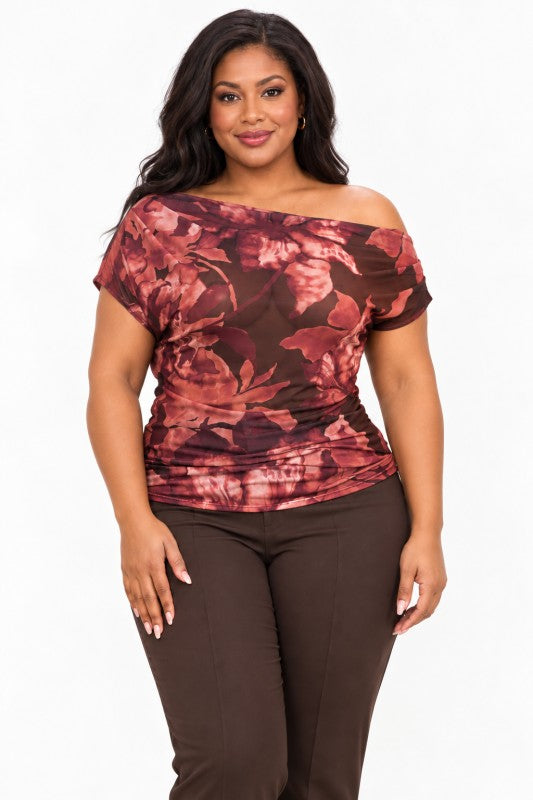 Plus Size Lightweight Mesh Off Shoulder Floral Top