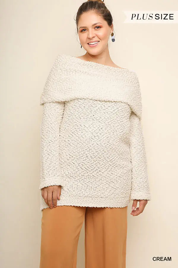 Plus Size Folded Off Shoulder Long Sleeve Knit Pullover Sweater