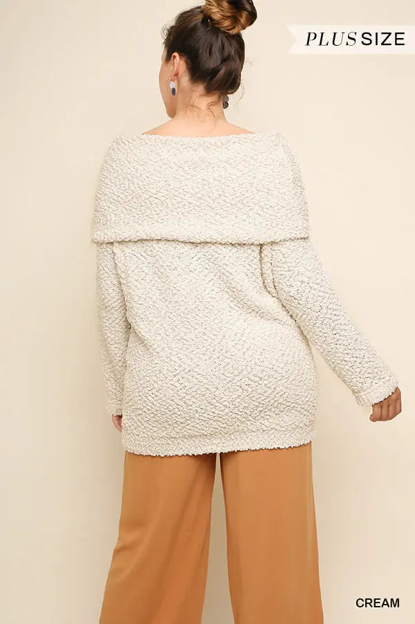 Plus Size Folded Off Shoulder Long Sleeve Knit Pullover Sweater
